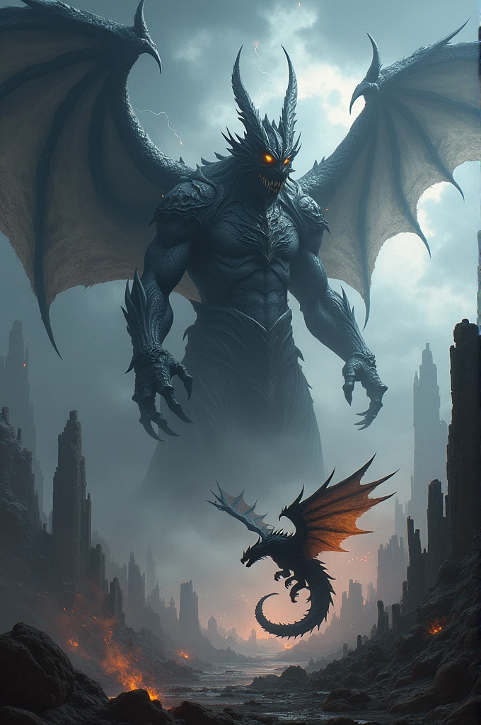 A black dragon is flying towards a giant evil god.