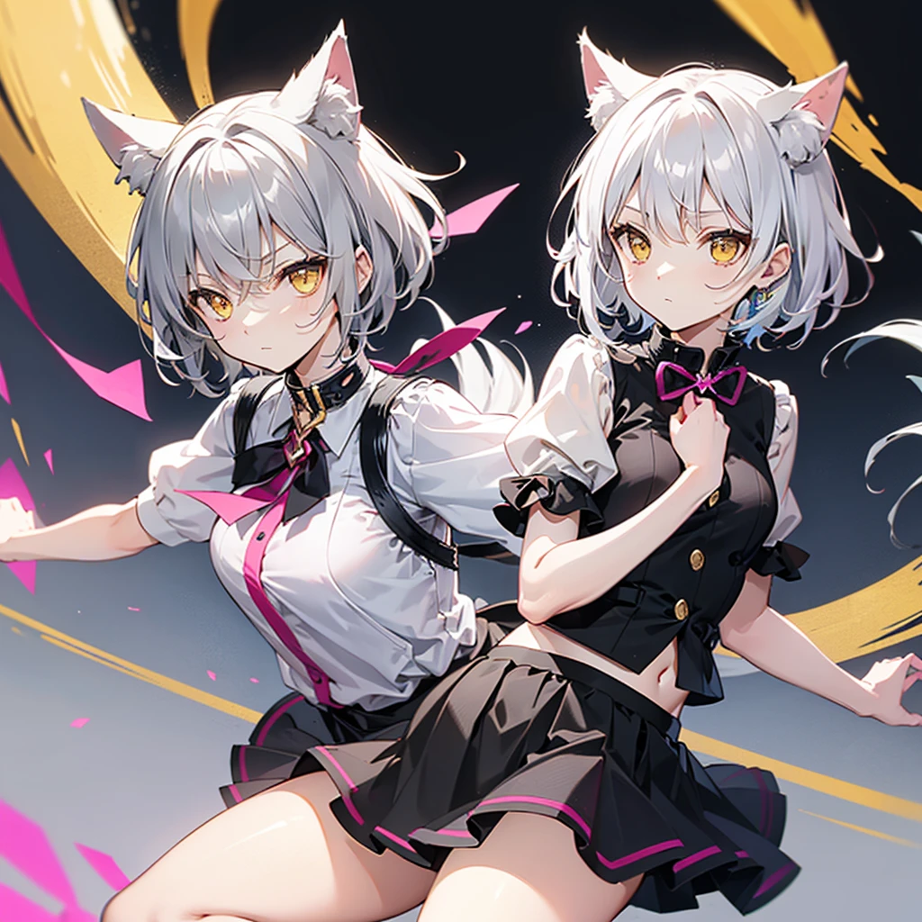 Girls, gray hair, short hair, Yellow eyes, Small Breasts, Cat hair accessory, Side Chain, gray hair, shiny hair, , (Golden Eyes: 1.2), (Two long triangular extensions on the skirt, Tight bodice on the belly), White buttons on the bodice, (Short-sleeved striped shirt under the bodice), (Sleeves close to the arms at the ends), (A thick black ribbon around the neck), ( Fuchsia short skirt),