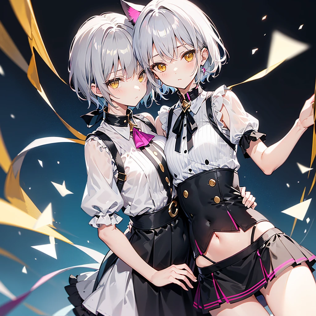 Girls, gray hair, short hair, Yellow eyes, Small Breasts, Cat hair accessory, Side Chain, gray hair, shiny hair, , (Golden Eyes: 1.2), (Two long triangular extensions on the skirt, Tight bodice on the belly), White buttons on the bodice, (Short-sleeved striped shirt under the bodice), (Sleeves close to the arms at the ends), (A thick black ribbon around the neck), ( Fuchsia short skirt),