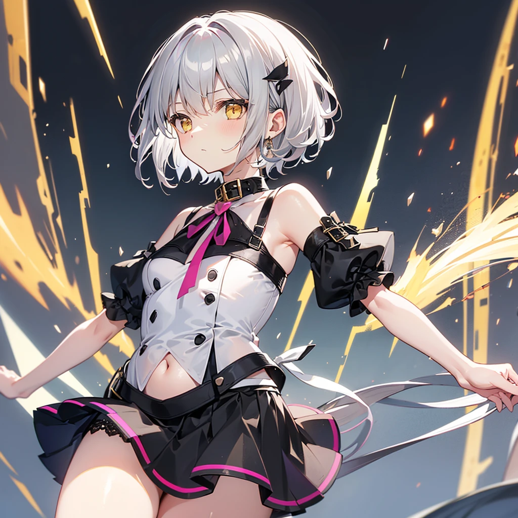 Girls, gray hair, short hair, Yellow eyes, Small Breasts, Cat hair accessory, Side Chain, gray hair, shiny hair, , (Golden Eyes: 1.2), (Two long triangular extensions on the skirt, Tight bodice on the belly), White buttons on the bodice, (Short-sleeved striped shirt under the bodice), (Sleeves close to the arms at the ends), (A thick black ribbon around the neck), ( Fuchsia short skirt),