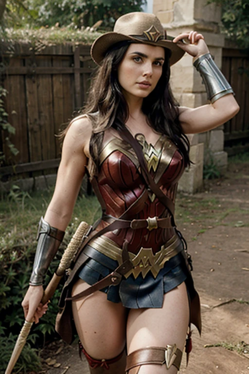 Sharon Den Adel en tenue de Wonder Woman avec un balai et un chpeau de sorcière et une carotte en main 