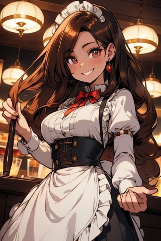 Perfect face. Perfect hands. A brown haired woman with copper eyes and an hourglass figure in a ta dress is settting tables in a maid cafe with a big smile