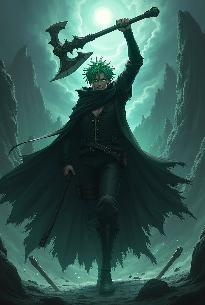 Demon Slayer: Kimetsu no Yaiba, light green hair,Black Cloak ,use Battle Axe , laugh