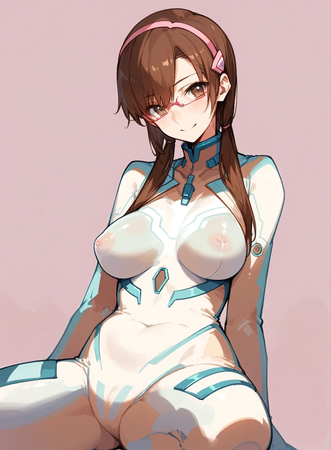 （Shiny）,（Highest quality）,（8k）,Shape of the crotch area,Nihil,pink rimmed glasses,Shiny股間部,Shiny太腿,smile,Shiny bodysuit,Shinyシースルーボディスーツ,Beige chest,Transparent see-through chest,beige sheer crotch，Pink accents,Dark beige bodysuit,Brown Hair,Pink accessories,An anime girl with large breasts sitting on a chair with her chest exposed, Biomechanical Boobs, BoobsCyberpunk, White color see-through Asuka suit!, Makinami,  High resolution consignment,