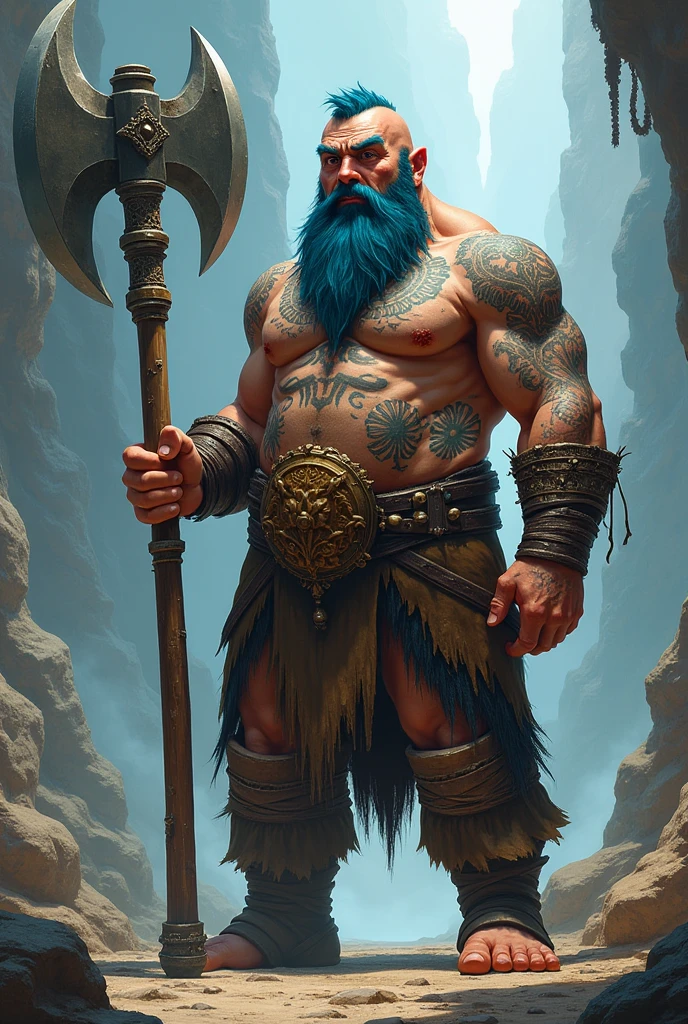 Dwarf 25 years old, tatuados, holding a giant axe with both hands, with big blue hair and scarred shaman