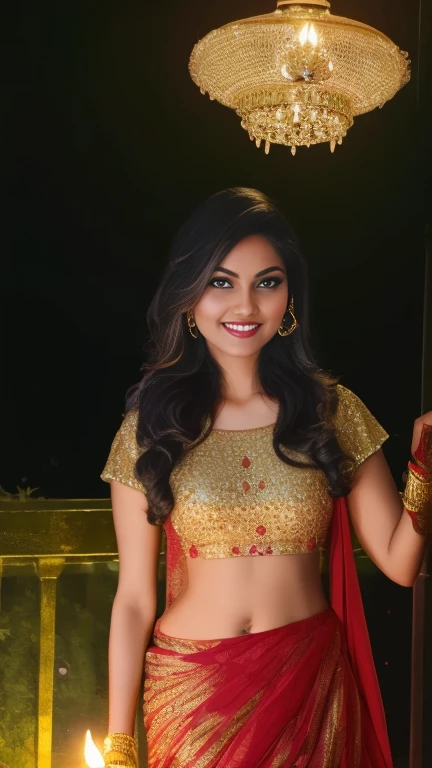 (masterpiece Portrait Photography:1.3) of a ravishing tall seductress girl celebrating Diwali by lighting Diyas, in a elegant Lane, wearing elegant Lehenga and Choli, navel, (ravishing glossy wavy backlit hair),lots of diyas, (big intricate eyes:1.3), (bright smile:1.3) soft dramatic lighting, Diwali decorations, lanterns, children celebrating Diwali, backlit, light rays, highly detailed, trending on artstation, rich colour, festive portrait