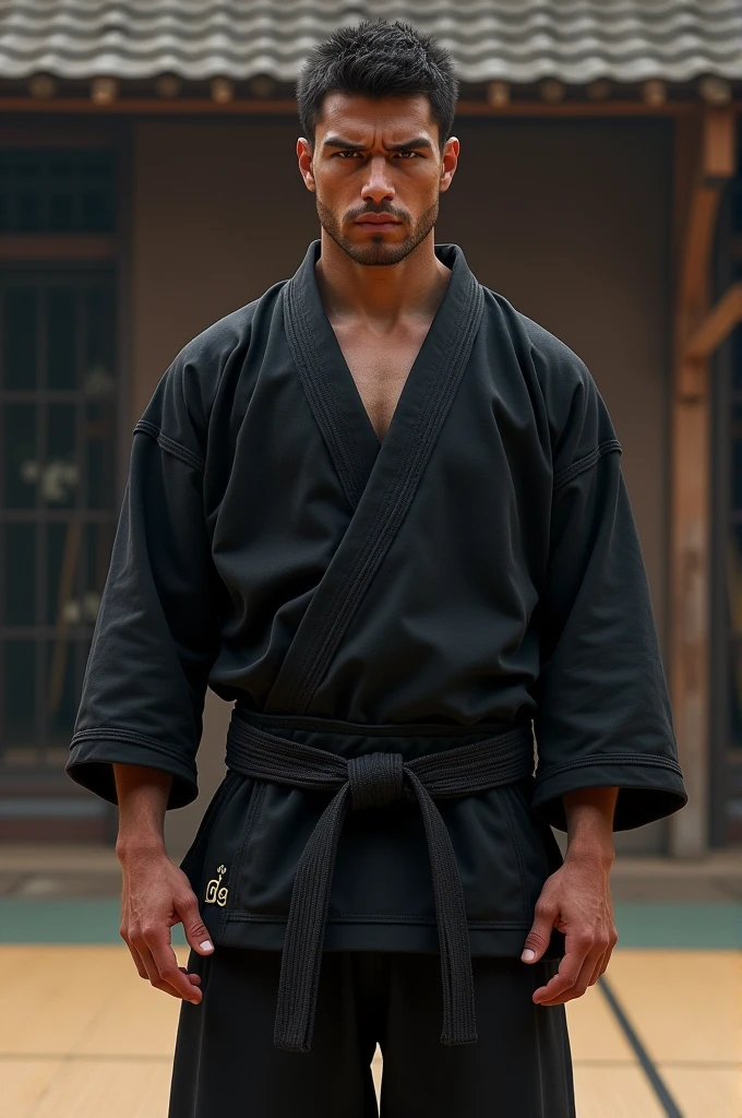 Jiujitsu fighter in black uniform, facing the front , Seriously, concentrated look, mentalizing, tatami environment, clearing, highlighting the kimono and kimono details