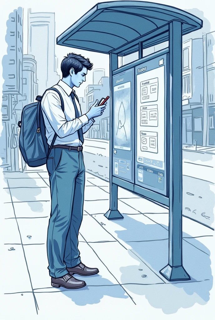 Drawing of a person at a bus stop, checking his bus schedule on his cell phone whether it is close or far with a blue color palette
