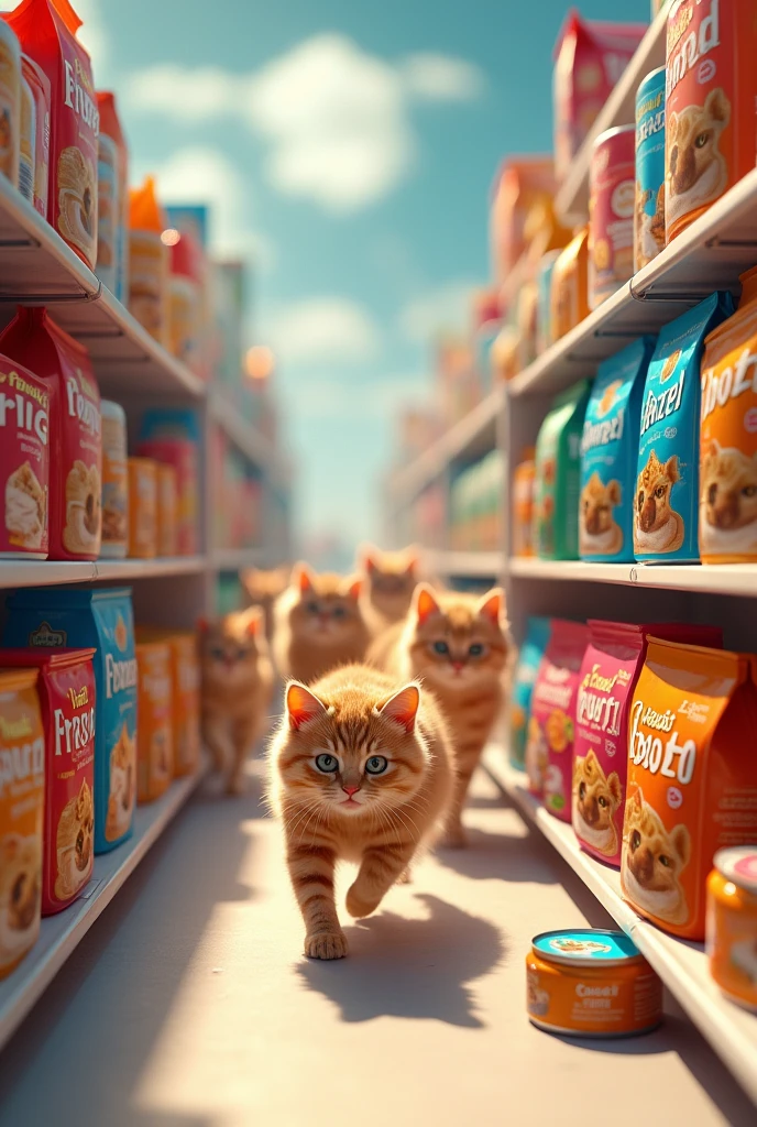 Cat foods full in pakcets and cans . Also cats are running