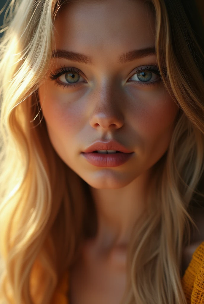 une belle fille aux longs cheveux blonds, detailed eyes, nose, and lips,(best quality,4K,8k,high resolution,head of'artwork:1.2),ultra-detailed,(realistic,photorealistic,photo-realistic:1.37),HDR,studio lighting,visage extreme details, portrait,Cinematic lighting,Dramatic lighting,warm color tones,couleurs dramatiques on ne voit que sa tete