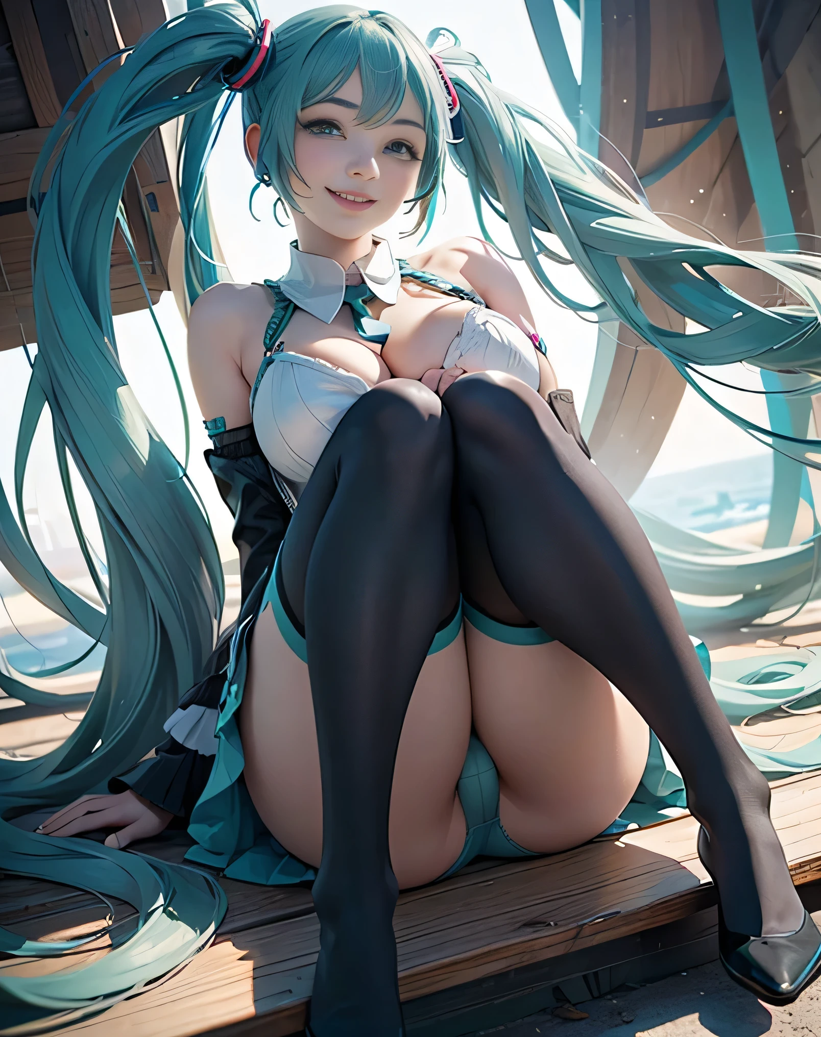 (photorealistic:1.6),(High resolution:1.6),(solo, one girl:1.5),(Beautiful Girl:1.5),(cool beauty),(Big eyes),(Plump lips),(looking at viewer:1.4),(huge saggy breasts:1.5),(smile:1.2),(Hair blowing in the wind),(Leaning forward),nigomiku, heterochromia, aqua eyes, pink eyes, white skirt,(Blue-green hair color),(showing panties:1.5),(Smiling:1.3),(Hatsune Miku hairstyle),(Hatsune Miku face),(color tights),(Garter),Erect nipples