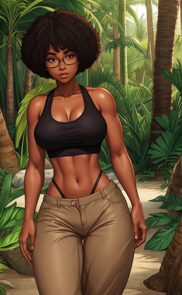 nerdy black girl, Rubenesque, sexy, beige pants and red tank top, black afro, visible thong, midriff, jungle beach, short hair