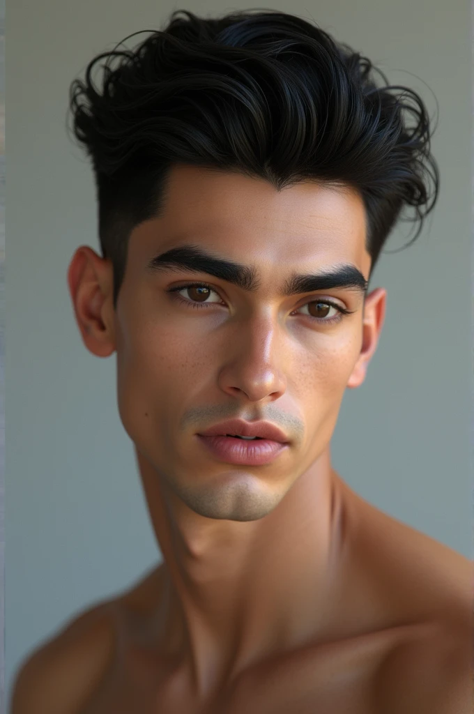 Create a male asian Indian model with Greek heritage, white skin colour, black hair, black eyes