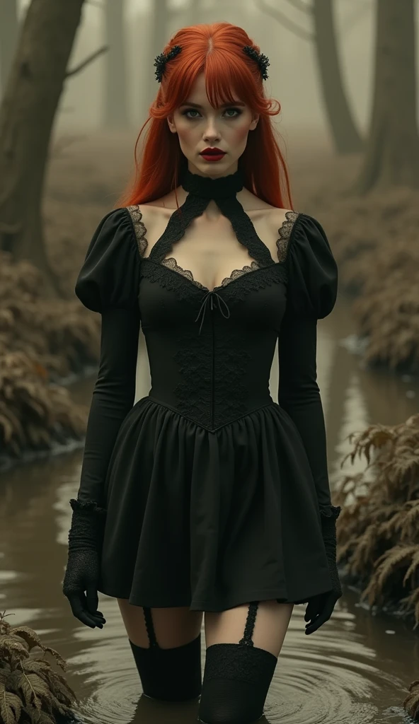 sephia film, antique, artwork, drama, stuck in bog,high-neck style, closed Puritan dress, short mini-dress, hips:1.2, high-neck dress, aristocratic hairstyle, stockings with garters, red lips, red hair, goth, aristocratic, gloves,