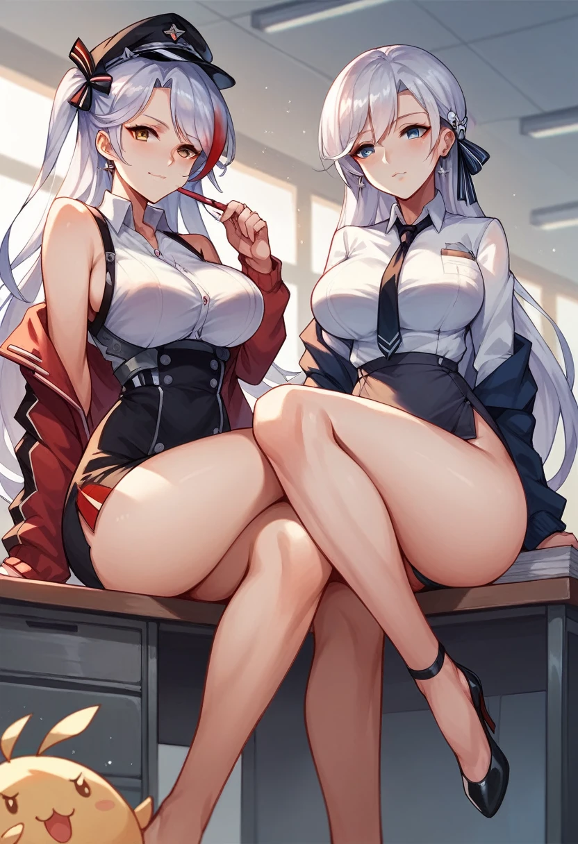 2 girls, Prinz Eugen and Belfast, Azur Lane, large breasts, sitting on an office desk, legs crossed, side-by-side