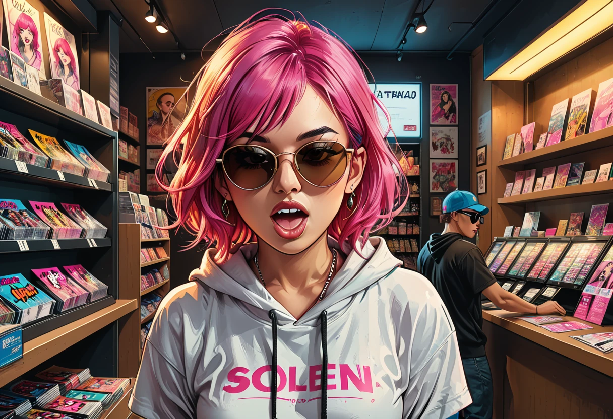 inside, ((open mouth)),
Portrait of a salesgirl with pink hair, piercings and sunglasses of Asian appearance against the background of a clothing store, (goods payment counter), hoodie, T-shirt, cap,graphic style of novel comics, 2d, 8k, hyperrealism, masterpiece, high resolution, best quality, ultra-detailed, super realistic, Hyperrealistic art, high-quality, ultra high res, highest detailed, lot of details, Extremely high-resolution details, incredibly lifelike, colourful, soft cinematic light,