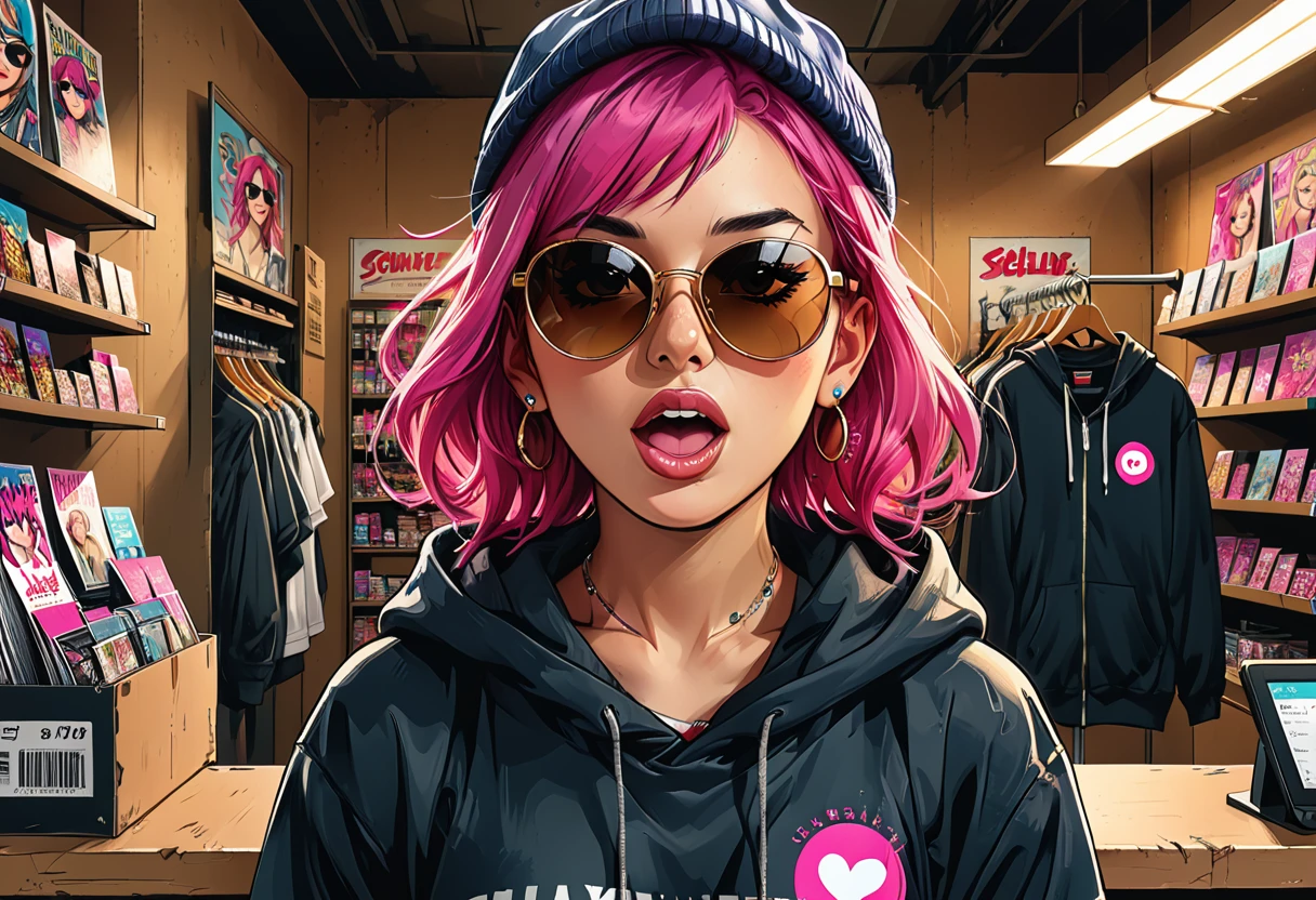 inside, ((open mouth)),
Portrait of a salesgirl with pink hair, piercings and sunglasses of Asian appearance against the background of a clothing store, (goods payment counter), hoodie, T-shirt, cap,graphic style of novel comics, 2d, 8k, hyperrealism, masterpiece, high resolution, best quality, ultra-detailed, super realistic, Hyperrealistic art, high-quality, ultra high res, highest detailed, lot of details, Extremely high-resolution details, incredibly lifelike, colourful, soft cinematic light,