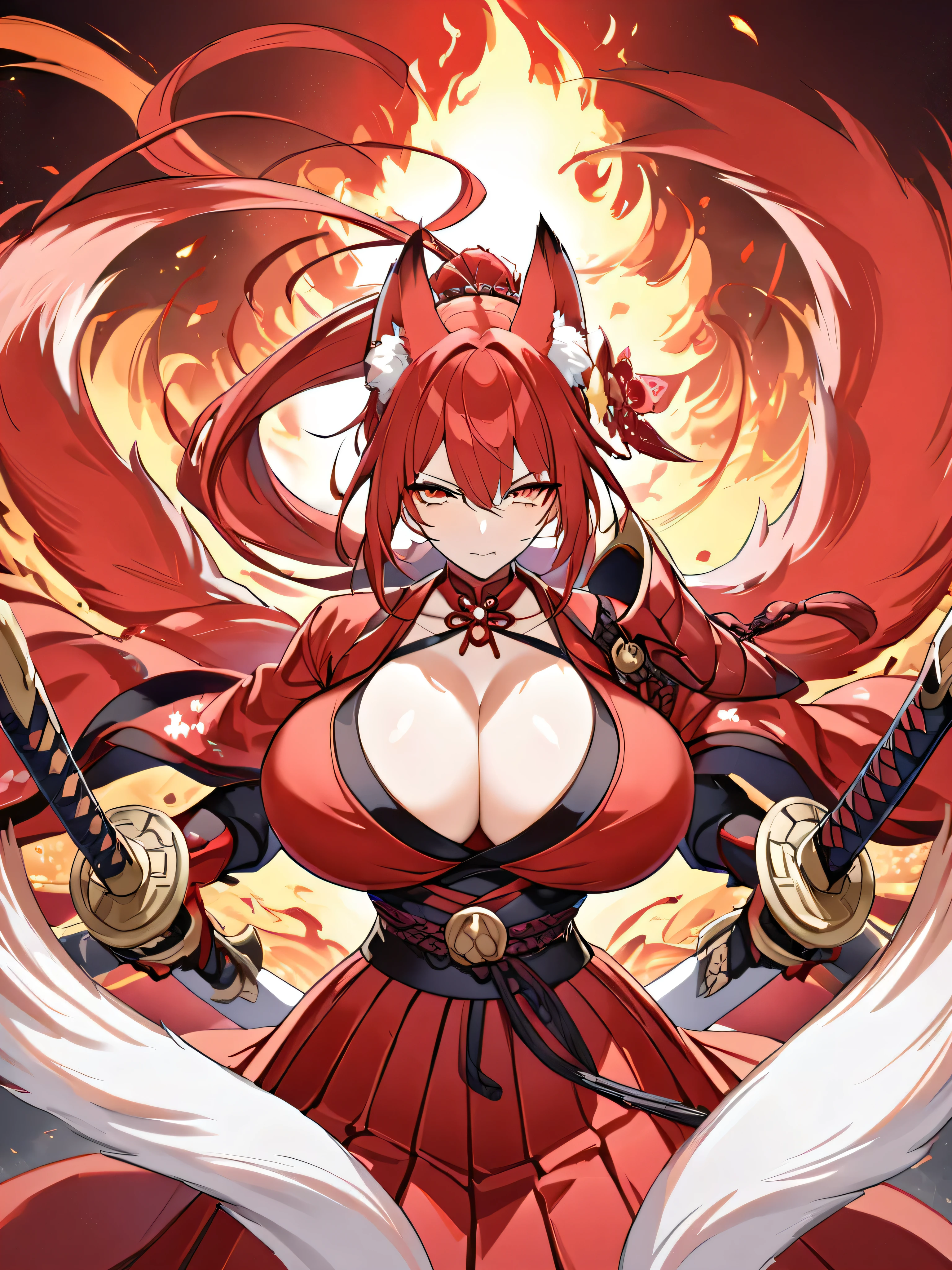 8K Best quality Best work Red long ponytail Red fox ears Nine fox tails Very large breasts Flaming Japanese sword Red jacket Long hakama Red eyeshadow on lower eyelids Red burning background Japanese style Samurai Flame hell Five fingers In battle