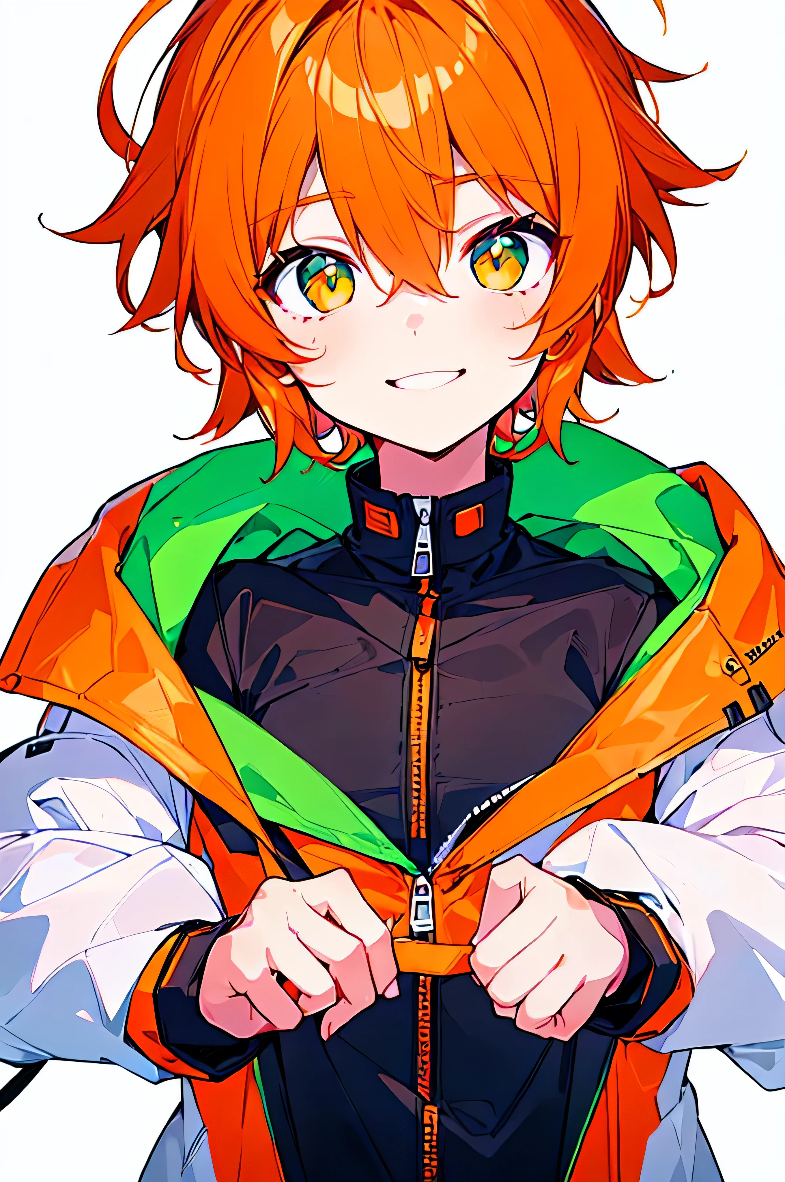 [(WHITE BACKGROUND:1.5),::5], ((((masterpiece)))), high quality, ultra_very_high_resolution, large_filesize, full color, (((solo))), (()), ((orange color short hair)), green eyes, anime, light smile, upper body, neon light, black parka, upperbody,