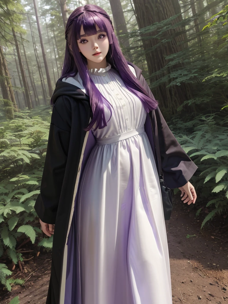 masterpiece, best quality, realistic, cosplayer, Korean girl, highres, aafern, long hair, purple hair, blunt bangs, purple eyes, small breasts, long dress, white dress, black robe, long sleeves, standing, forest, cowboy shot