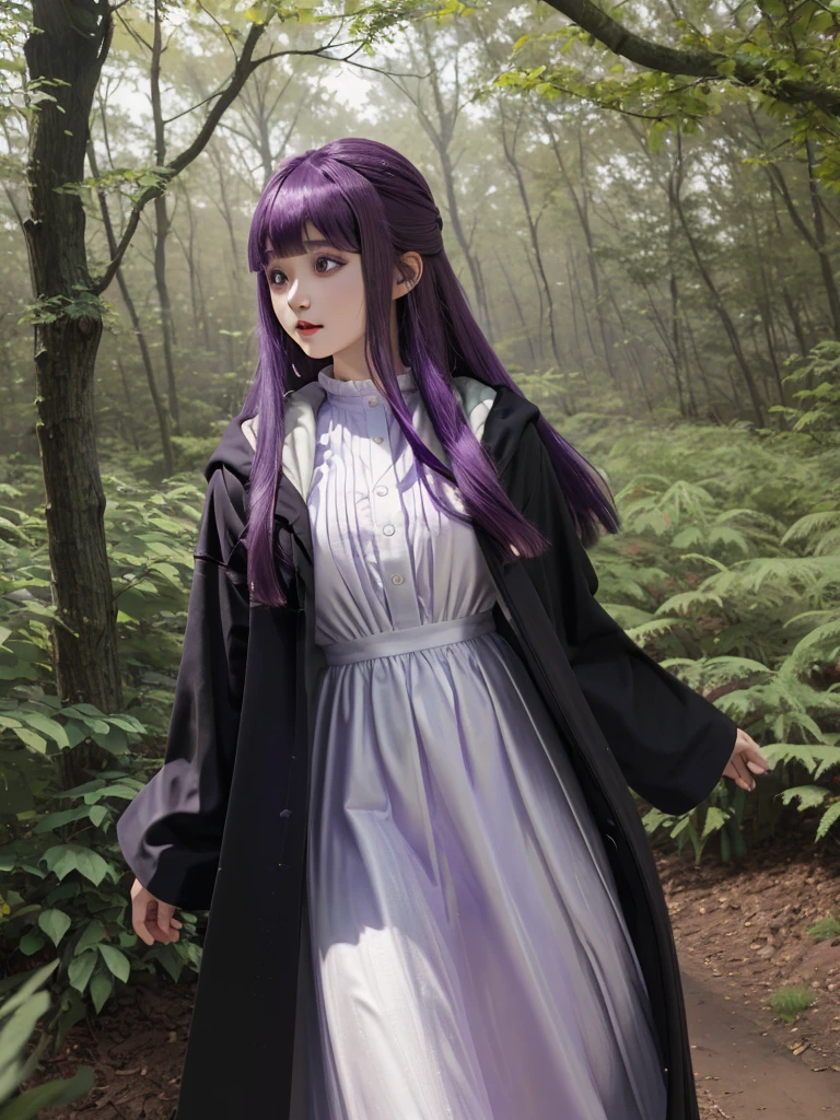 masterpiece, best quality, realistic, cosplayer, Korean girl, highres, aafern, long hair, purple hair, blunt bangs, purple eyes, small breasts, long dress, white dress, black robe, long sleeves, standing, forest, cowboy shot