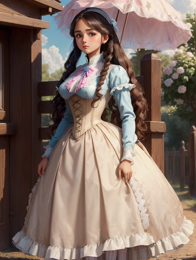 (masterpiece), (realistic), (((NSFW))). (ultra hd 8k), (realistic body proportions) Barbie as a pretty 10yo girl wearing her Victorian school uniform. Year 1895. 1890_dress. High-collar long sleeve white shirtwaist, cameo brooch, light blue shirt cloak over her shoulders, straw hat, gloves, knee-high light blue skirt, petticoats, stockings and boots. Long curly brunette hair. Short skirt. Light brown skin. Delicately holding a parasol. Outside schoolhouse.