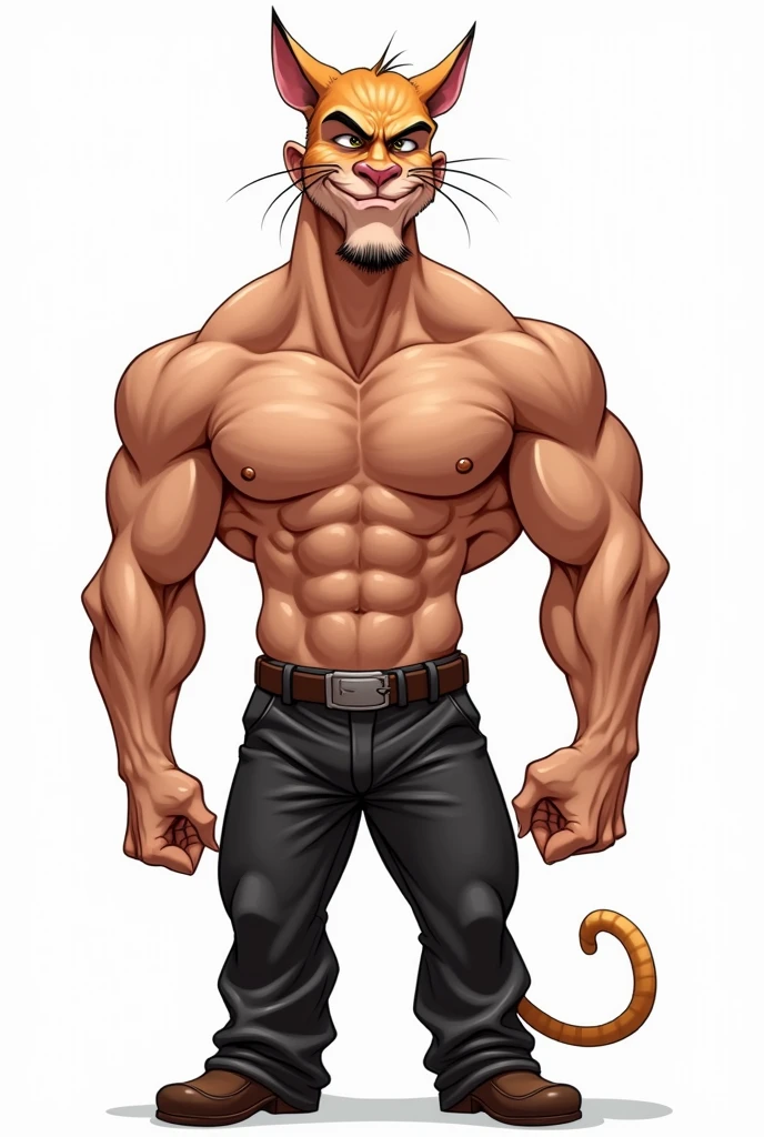 Caricature of a handsome man, muscular body, , muscular chest, abs,big arms, wearing cat head gear, shirtless, posing seductively, leather pants, white background