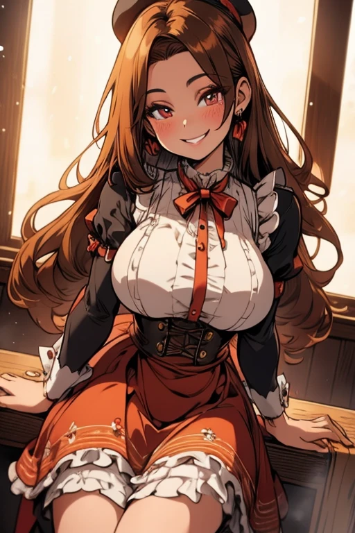 Perfect face. Perfect hands. A brown haired woman with copper eyes and an hourglass figure in a ta dress is serving tea in a maid cafe with a big smile