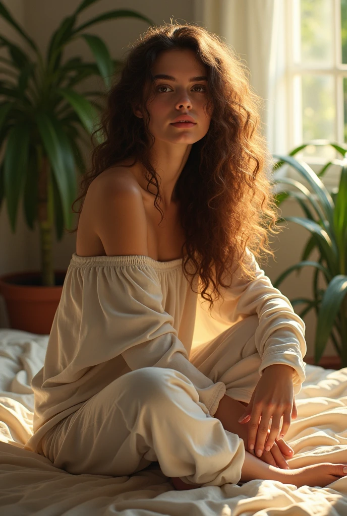 (photorealism:1.2), beautiful woman, sitting on bed, wearing loose off-shoulder top, pajama pants, long curly hair, indoors, soft lighting, plants in background, window with sunlight, cozy room, relaxed pose, realistic, intricate details, warm colors, by Greg Rutkowski, by Alphonse Mucha