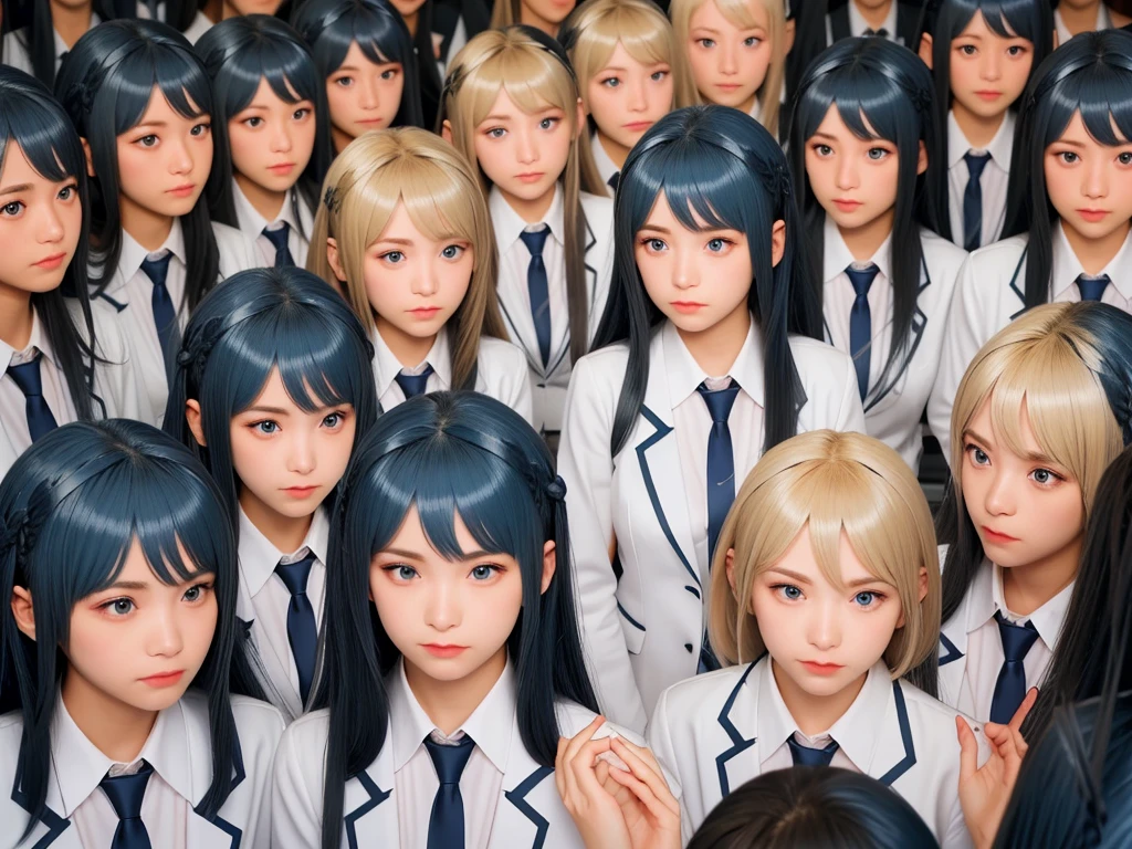 (((Clone Art、Very detailed depiction of a female avatar、8k: 1.5)))、Realistic、(())、((日本人のhigh school girl))、high school girl、((high school girl))、Beauty、woman、((Summer uniform、blue、White shirt、Skirt is light blue、White Pantyhose、Black leather shoes、Hair in a ponytail、smile: 1.9))、Beautiful Skin、Big Breasts、((There are many cloned humans who have the exact same face and body shape as the high school girl: 1.8))、Enclosure、数万人のhigh school girl、Standing、sitting、crowd、Group、Intensive、top view