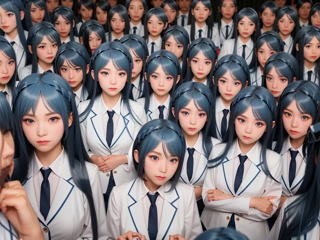 (((Clone Art、Very detailed depiction of a female avatar、8k: 1.5)))、Realistic、((16 years old))、((日本人のhigh school girl))、high school girl、((high school girl))、Beauty、woman、((Summer uniform、blue、White shirt、Skirt is light blue、White Pantyhose、Black leather shoes、Hair in a ponytail、smile: 1.9))、Beautiful Skin、Big Breasts、((There are many cloned humans who have the exact same face and body shape as the high school girl: 1.8))、Enclosure、数万人のhigh school girl、Standing、sitting、crowd、Group、Intensive、top view