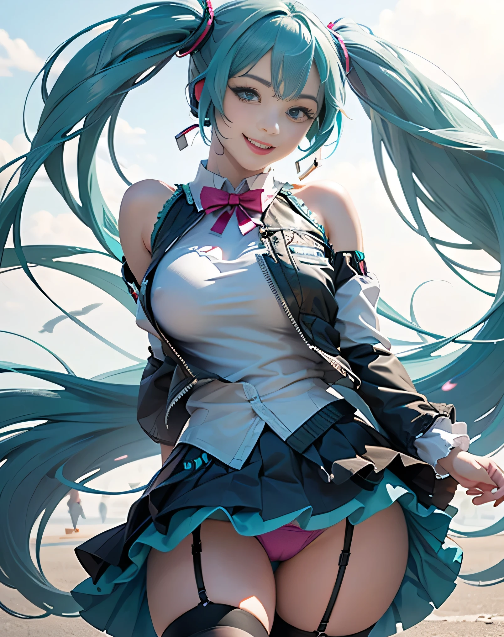 (photorealistic:1.6),(High resolution:1.6),(solo, one girl:1.5),(Beautiful Girl:1.5),(cool beauty),(Big eyes),(Plump lips),(looking at viewer:1.4),(huge saggy breasts:1.5),(smile:1.2),(Hair blowing in the wind),(Leaning forward),nigomiku, heterochromia, aqua eyes, pink eyes, white skirt,(Blue-green hair color),(showing panties:1.5),(Smiling:1.3),(Hatsune Miku hairstyle),(Hatsune Miku face),(color tights),(Garter),Erect nipples