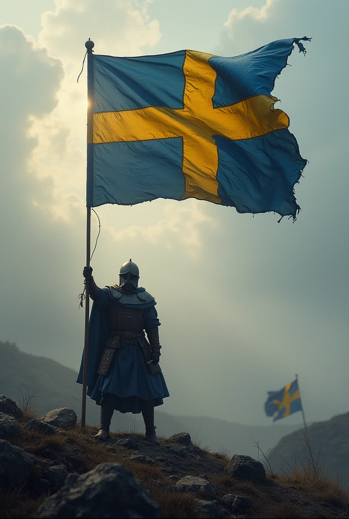 flag of a European country, Swedish style, with a long cross from left to right on a war banner, in a battle