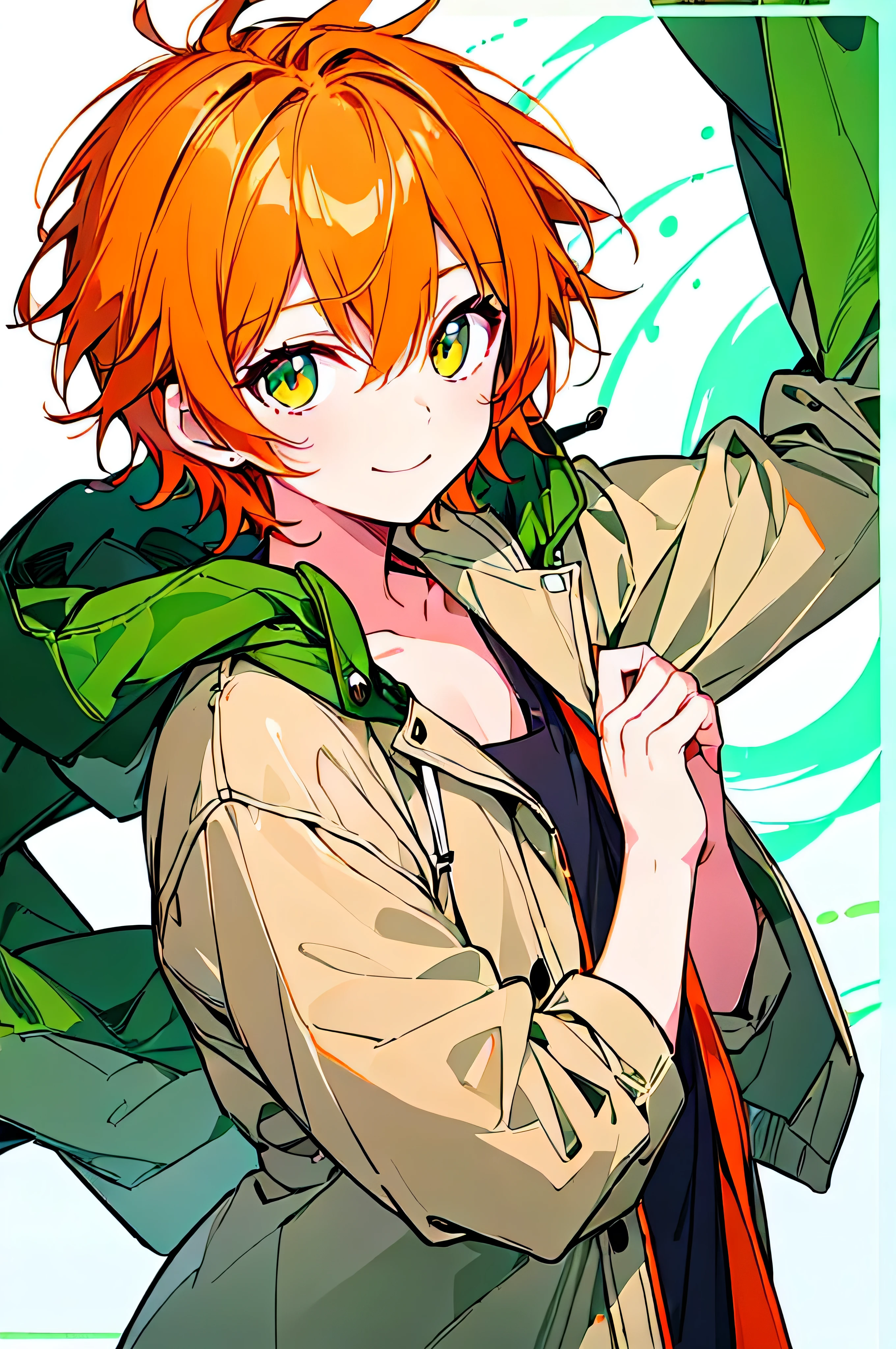 [(WHITE BACKGROUND:1.5),::5], ((((masterpiece)))), high quality, ultra_very_high_resolution, large_filesize, full color, (((solo))), (()), ((orange color short hair)), green eyes, anime, light smile, upper body, neon light, black parka, upperbody,