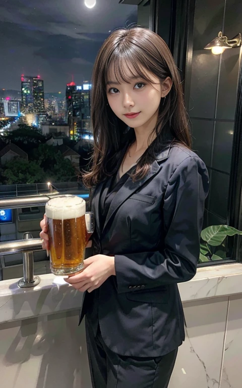 business suit、I have a beer、Drunk look、The city at night with a large full moon in the background