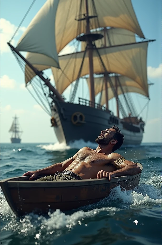 Create a ship and a boat with a wounded man in the arm inside
