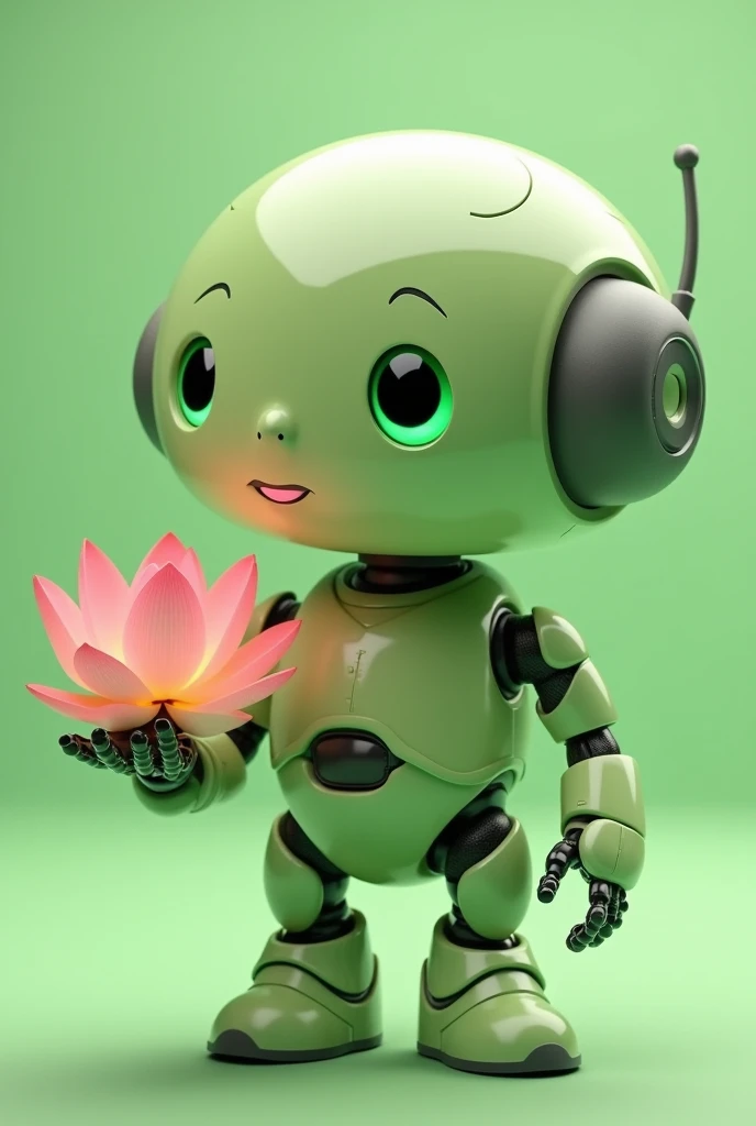 Light green chubby friendly chatbot robot with a lotus flower in the palm of its hand
