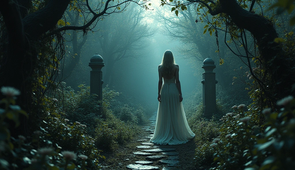  In the heart of a twisted, overgrown garden, a pale figure in a tattered gown moves silently through the shadows. The flowers around her bloom with unnatural beauty, their petals whispering dark secrets as she passes. Vines snake around crumbling statues, and the moonlight casts eerie patterns on the path she treads, leading deeper into the haunted night.