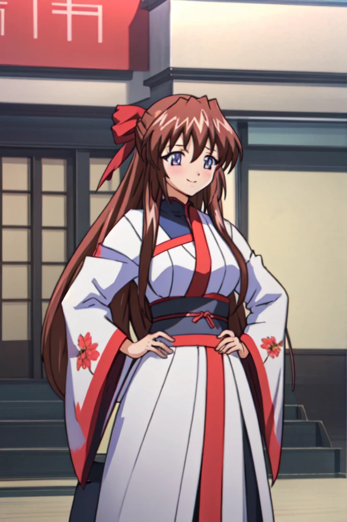 (Fine hand),(Perfect Anatomy), masterpiece,beautiful detailed 目,Official Art, Very detailedCG,
Highest quality, Very detailed,8k, 16K, Cinema Lighting, (Shine_skin:1.2),(Anime screenshots),Character Focus,One girl,  Break Standing,smile:0.5,blush,kimono,kimono, heart,Floral print, Hands on hips,
Cowboy Shot,ryokan,Faint lips:1,
Aoikan, Hair Ribbon, Mid-chest,