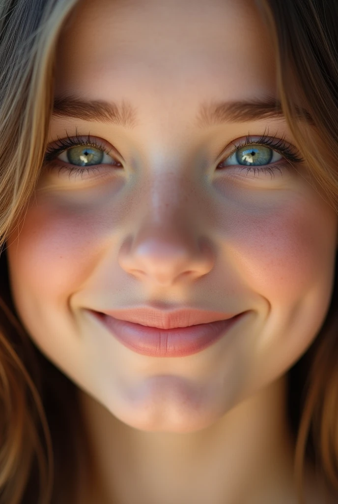 "Create a close-up portrait of a 16-year-old girl with an attractive face and beautiful, glowing eyes. Her eyes should be captivating, with a natural sparkle that adds to her youthful beauty. The lighting should enhance the glow of her eyes and highlight her smooth, clear skin. She has a soft, warm expression, and her features are well-defined, with a subtle smile that radiates confidence and charm."