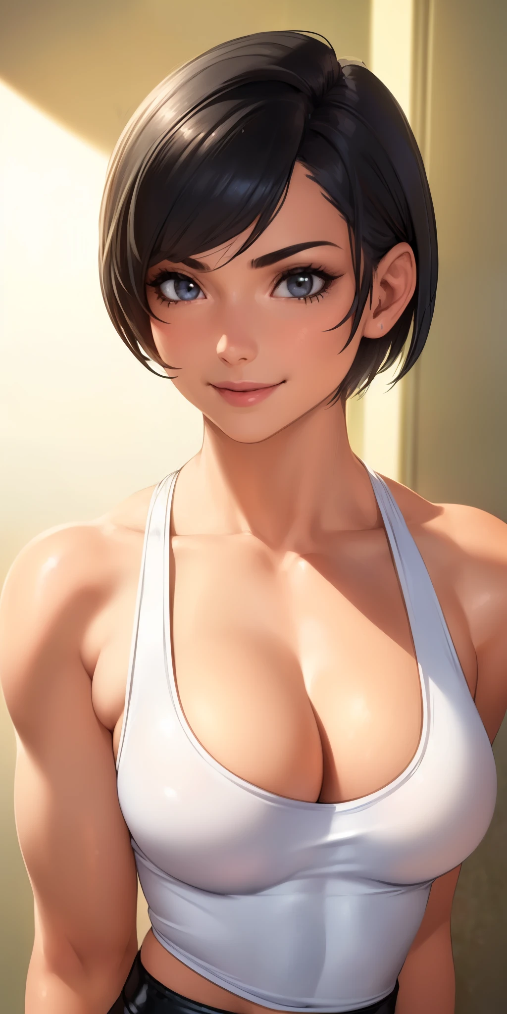 (best quality, ultra-detailed, photorealistic: 1.39), bright and vibrant colors, studio lighting, romantic expression, love smile, Beautiful terry tank top, white latex shorts, light fabric, undercut platinum bobcut black hair, small breasts, fit, muscular, short hair, mercenary, front pose, cleavage