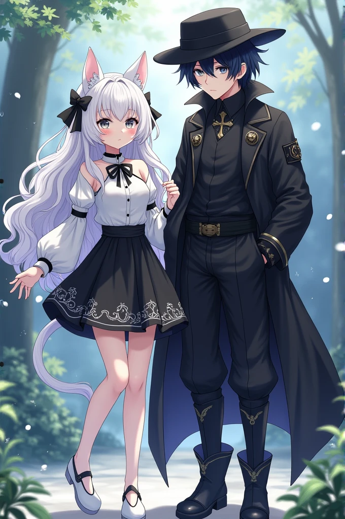 anime couple, anime girl, Loose wavy white hair, long,black and white blouse,short black skirt with white lines,White cat ears,Black Celcetas, White shoes, anime boy,black fur,black hat, grey eyes,black clothes, black cross collar,black pantaloon,black boots
