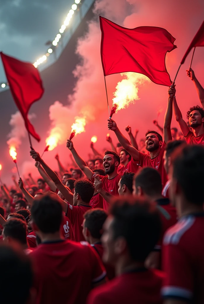 Fans of a soccer game, of a team called Mota whose colors are red and black. With canvas flags flares