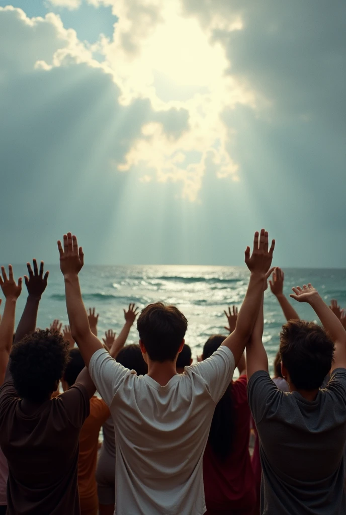 photograph of people praying with their hands extended to the heavens facing the sea biblical representation