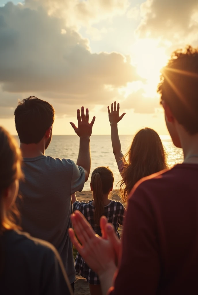 photograph of people praying with their hands extended to the heavens facing the sea biblical representation