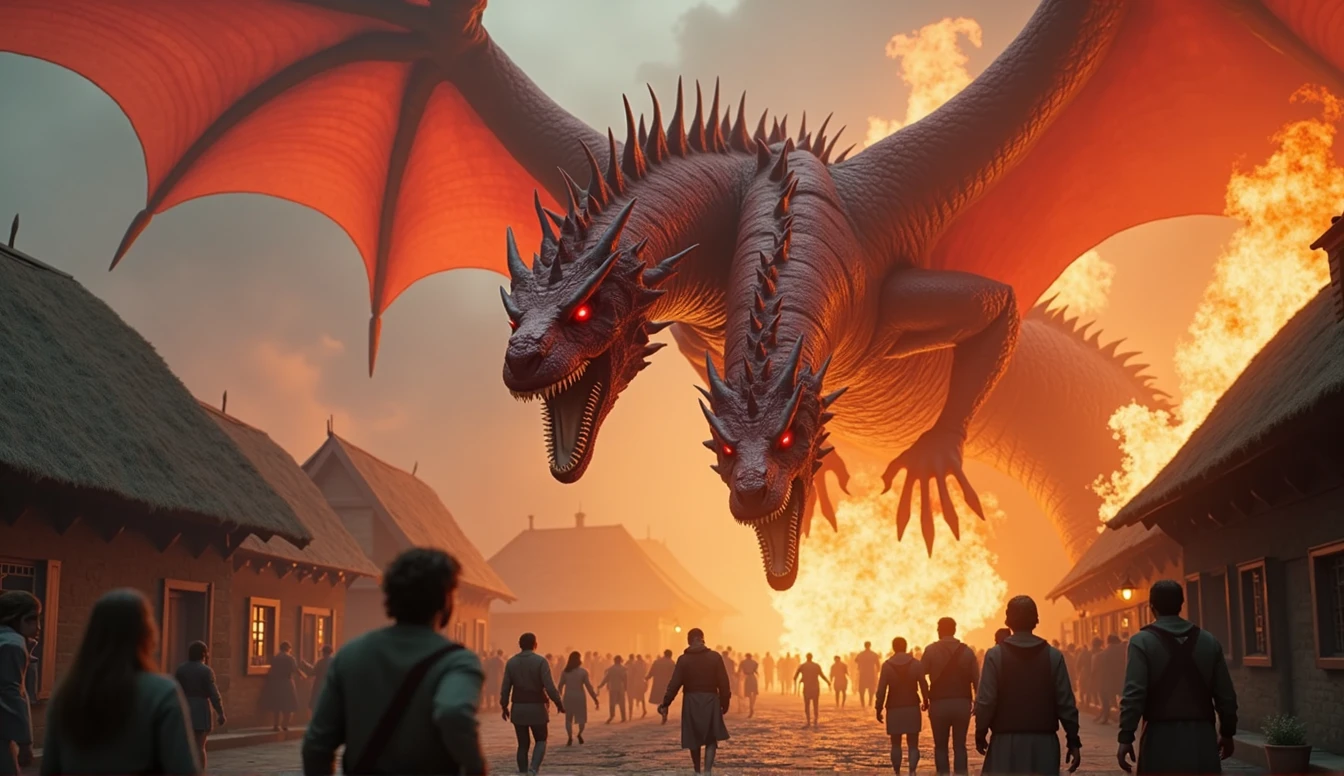 Create a dragon with two heads, red body, huge wings, breathing fire,attacking a village, photo quality, very high resolution, total realism, 8k, cinema level