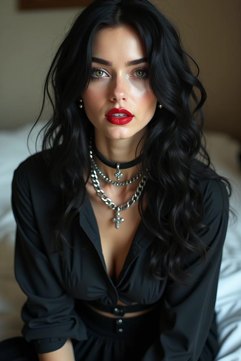 Waist length portrait, Sharp images, clear photo, hyper-detailed, photorealistic texture shot, 8K HD, 20 years old woman, she has very black wavy hair, she wears gothic style clothing with black woven skirt and shirt, plus a silver chain necklace with a ruby, interesting and complicated construction, she has cross-shaped earrings, face without makeup, lips marked with red lipstick, flirtatious look, white tees, big and bold black eyes, soft and bold black eye shadows, huge eyelashes, beautiful dark green eyes, beautiful teeth, hyperrealism, very elaborate skin, very detailed, realistic photo, 32k, uhd, hdr background, details, on her bed in the bedroom