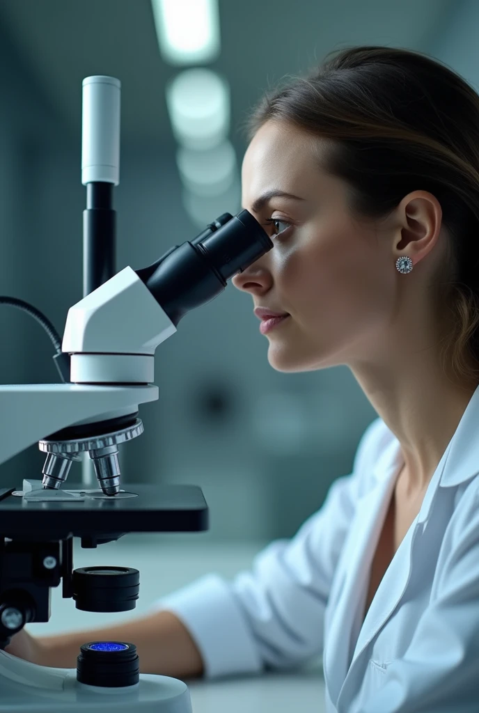 a woman being observed under a microscope
