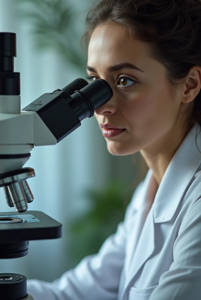a woman being observed under a microscope