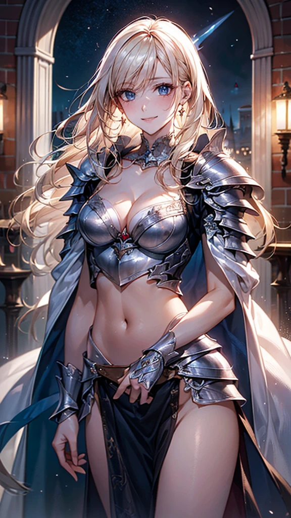realistic, hyper detail, girls only, height: 176cm, 25 years old, dynamic lighting, ((bold imaginative poses)), (Glossy skin: 1.5), table top, highest quality, confused, audience, ((blonde hair)), (shoulder length hair,braided hairstyles), Beautiful deep purple clear eyes, fine eyes, eyes like jewels, colorful eyes, sparkling eyes:1.3)), thin, High resolution, sharp focus, Depth of written boundary, eye for detail, clear eyes, (realistic eyes)), outdoors, sunrise sky,  (He wears silver armor with intricate patterns.: 1.3), ((D cup upward facing chest, Moderate abs, big tight butt))